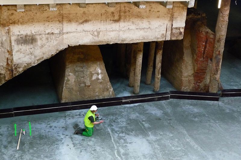 2012 - photo of new and old foundation layers under the Central Station Amsterdam, during the renovation works. The construction photo shows