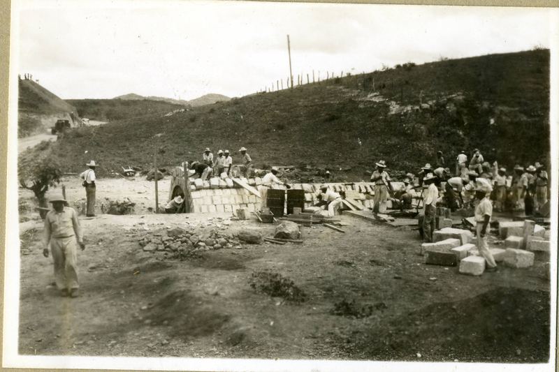 [Workers build a masonry foundation or culvert. Construction of the Inter-American Highway in Central America.]