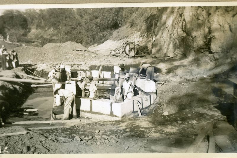 [Workers build a masonry foundation. Construction of the Inter-American Highway in Central America.]